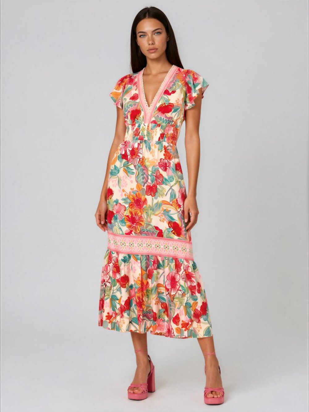 Adrianna Papell Smocked-Waist Flutter-Sleeve Dress Size 14